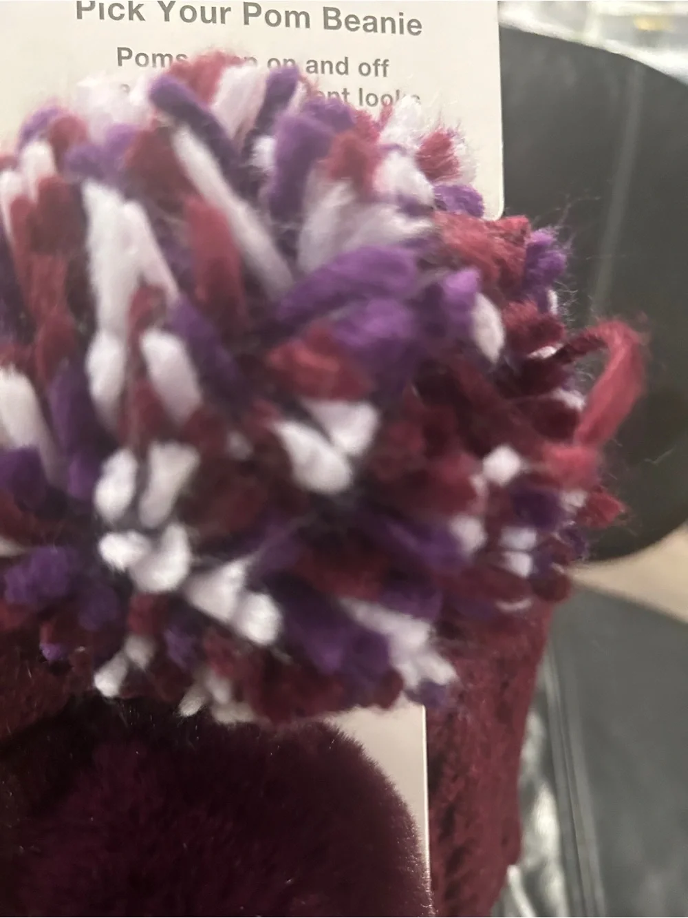 Maroon Knit Pom Beanie with Colorful Faux Fur Accent you pick Pom wear 3 ways